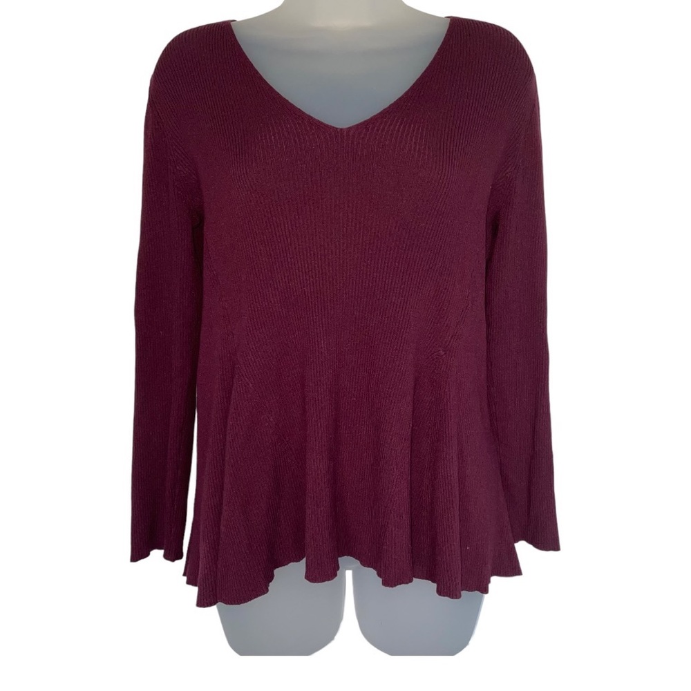 Ann Taylor Sweater V Neck Ribbed Peplum Sweater Plum Wine Purple Fall Winter L